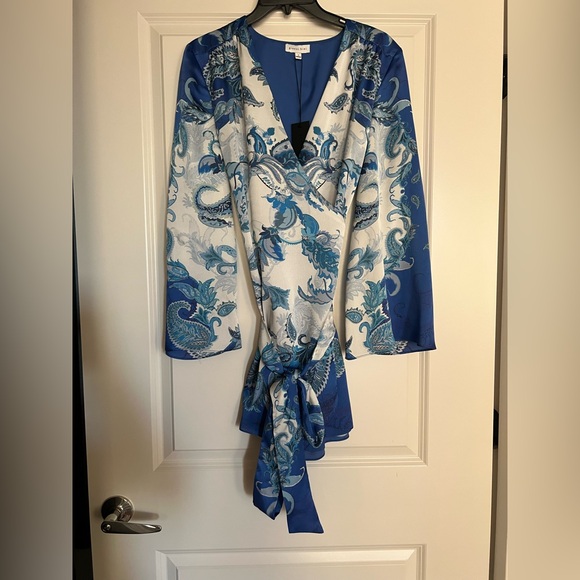 NWT Gianni Bini, Jenni Paisley Printed Satin V-Neck Blue and White Wrap Dress - Picture 4 of 7